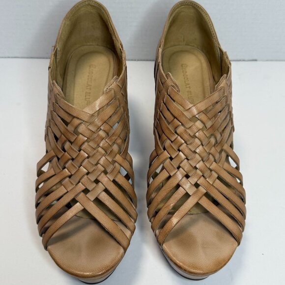 Chocolat Blu Woven Peep-Toe Wedge Sandals Women's Size 8.5 Tan Cork Platform Hee - Picture 3 of 9